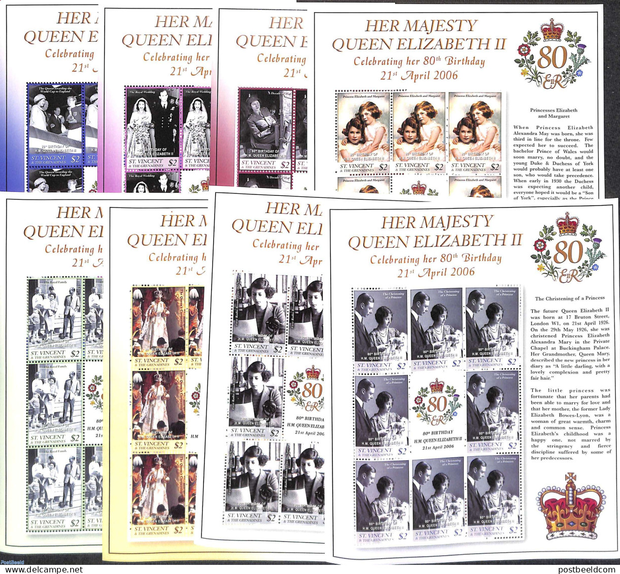 Saint Vincent 2006 Queen Elizabeth 80th Birthday 8 M/s, Mint NH, History - Kings & Queens (Royalty) - Case Reali