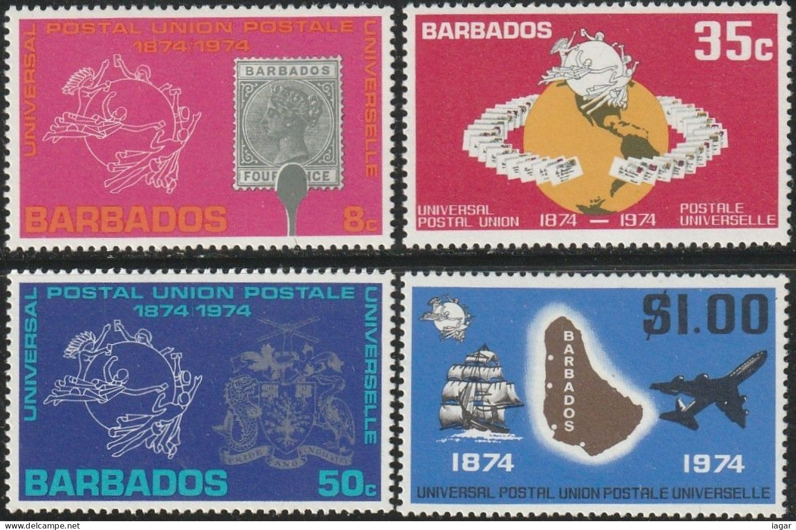 THEMATIC PHILATELY:  STAMP ON STAMP, U.P.U. EMBLEMS, MAP OF BARBADOS, LETTERS ENCIRCLING THE GLOBE  4v+MS    -  BARBADOS - U.P.U.