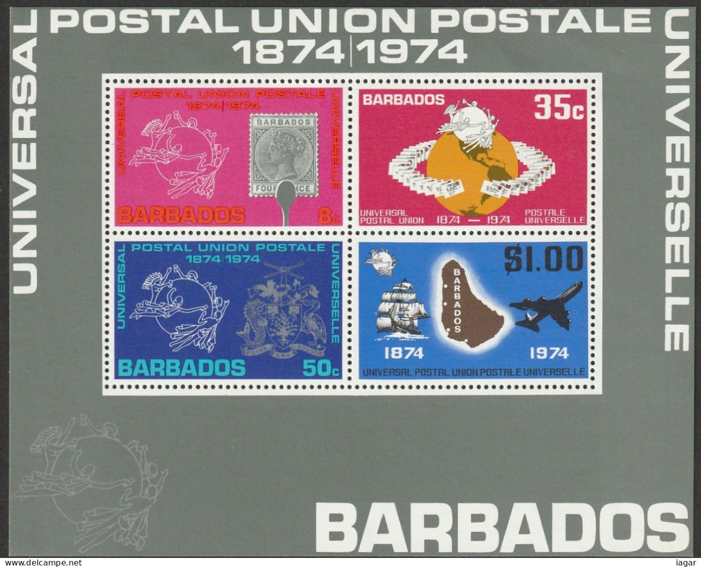 THEMATIC PHILATELY:  STAMP ON STAMP, U.P.U. EMBLEMS, MAP OF BARBADOS, LETTERS ENCIRCLING THE GLOBE  4v+MS    -  BARBADOS - U.P.U.