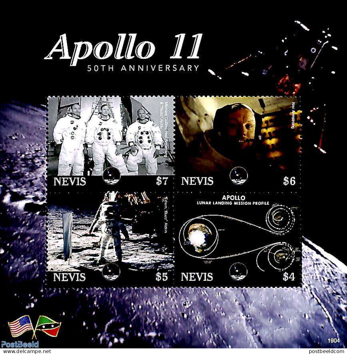 Nevis 2019 Apollo 11 4v M/s, Mint NH, Transport - Space Exploration - St.Kitts Und Nevis ( 1983-...)