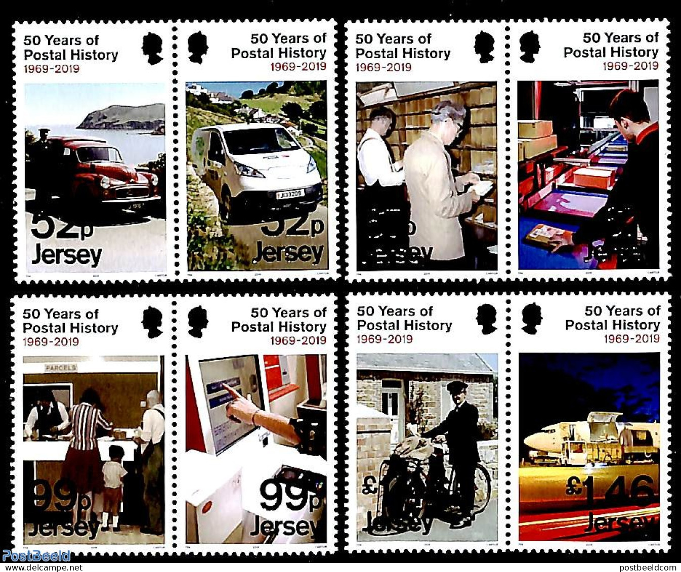 Jersey 2019 50 Years Of Postal History 8v (4x[:]), Mint NH, Sport - Transport - Cycling - Post - Automobiles - Aircraf.. - Radsport