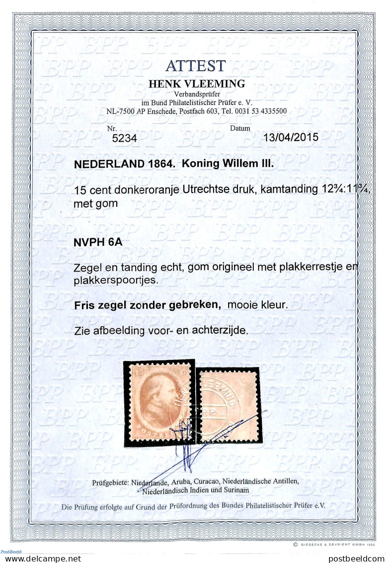 Netherlands 1864 15c Orange, Unused, Light Hinged, Attest Vleeming , Unused (hinged) - Nuevos