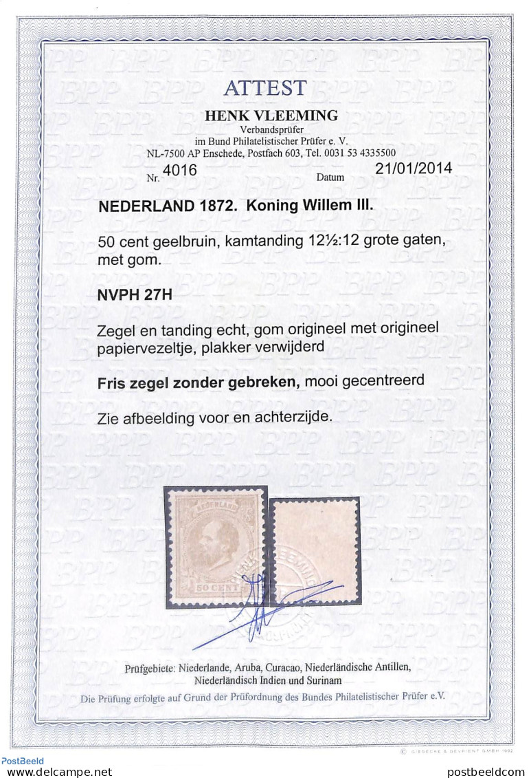 Netherlands 1872 50c, Perf. 12.5:12, Unused, Very Well Centered, With Attest Vleeming, Unused (hinged) - Ungebraucht