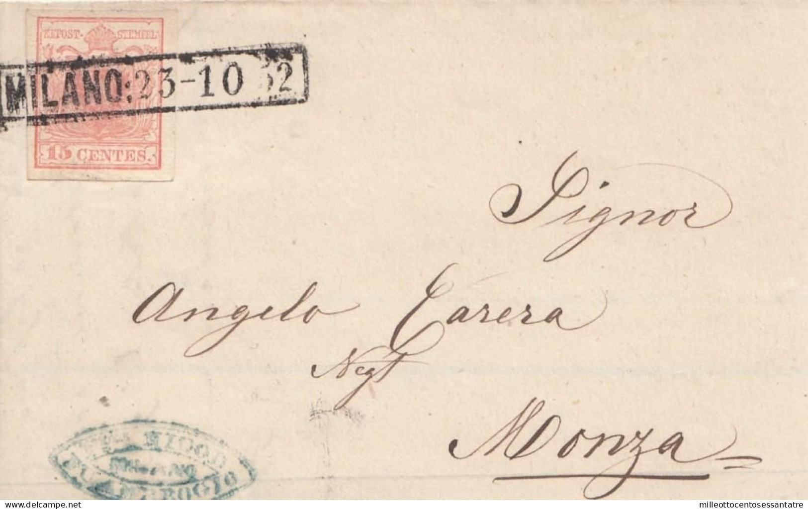 2474 - LOMBARDO VENETO - Fattura Commerciale Del 1852 Da Milano A Monza Con Cent. 15 Rosso Chiaro - III Tipo - . - Lombardo-Venetien