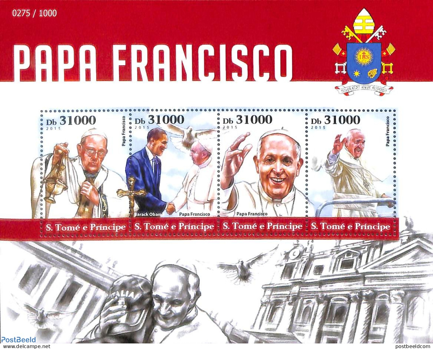 Sao Tome/Principe 2015 Pope Francis 4v M/s, Mint NH, Religion - Pope - Papas