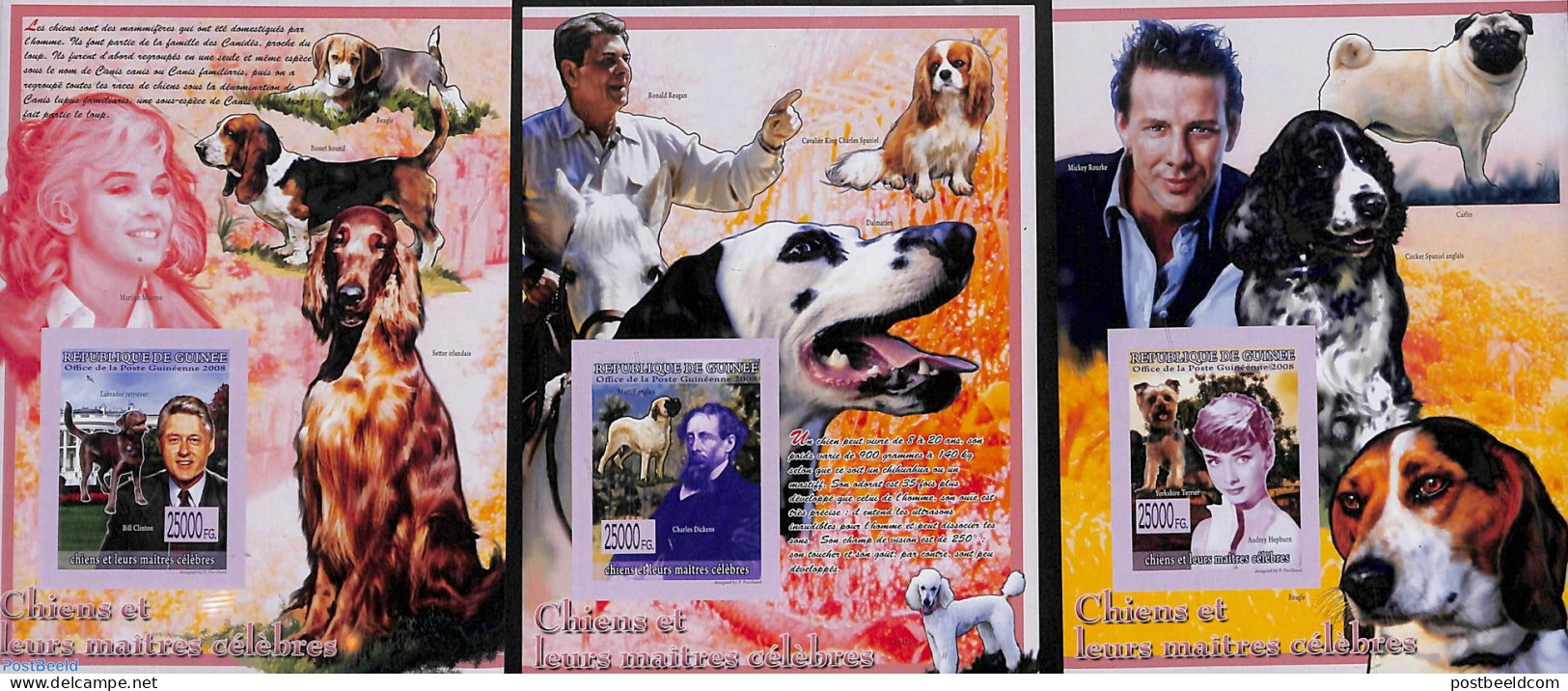 Guinea, Republic 2008 Dogs From Famous Persons 3 S/s, Imperforated, Mint NH, History - Nature - Performance Art - Amer.. - Actores