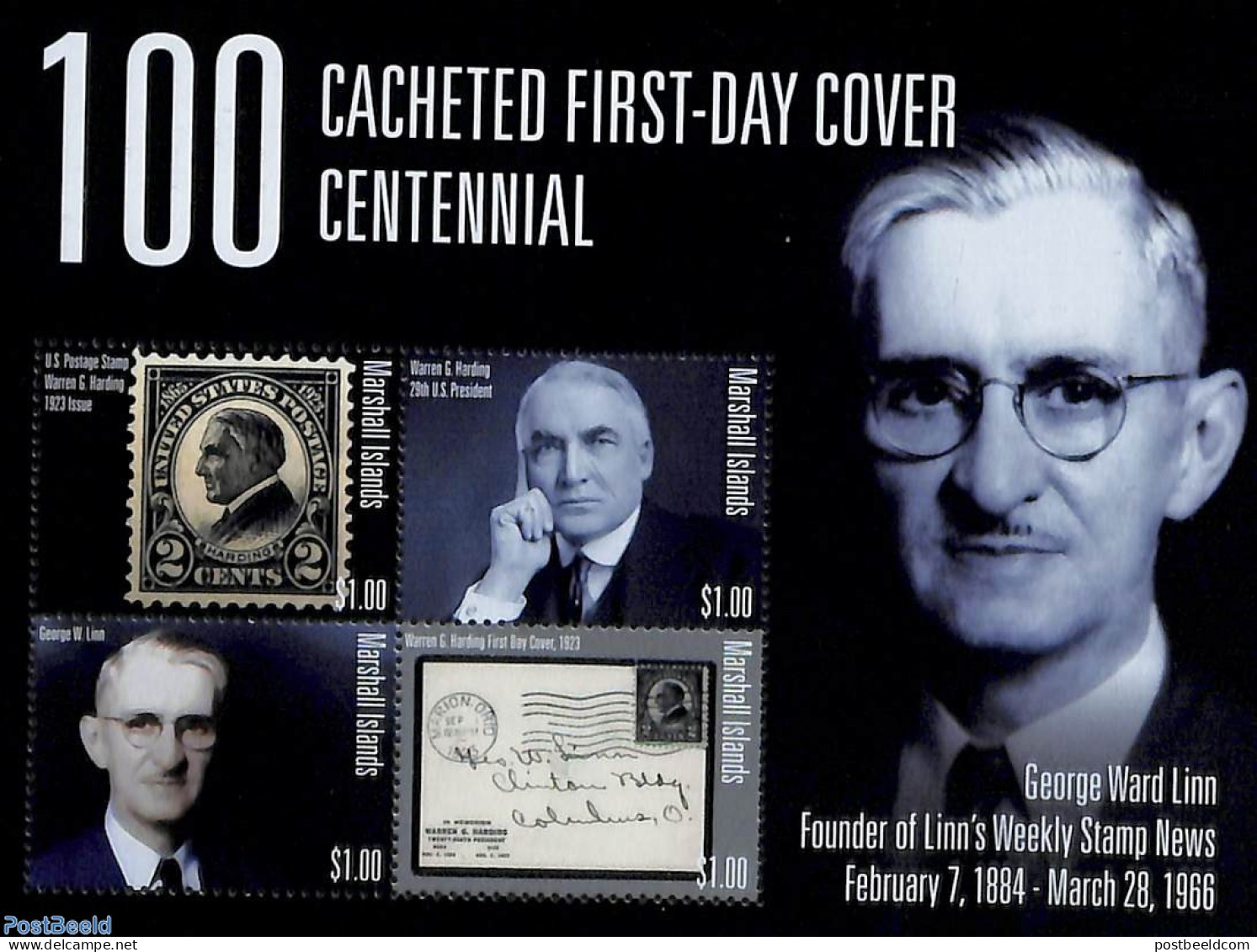 Marshall Islands 2023 Cacheted First-Day Cover Centennial 4v M/s, Mint NH, Stamps On Stamps - Stamps On Stamps