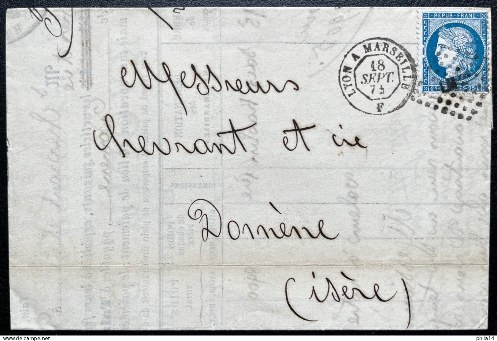 VARIETE POINTS BLANCS CADRE OUEST N°60 25c BLEU CERES SUR LETTRE / AMBULANT LYON A MARSEILLE F POUR DOMENE / LAC - 1849-1876: Periodo Classico