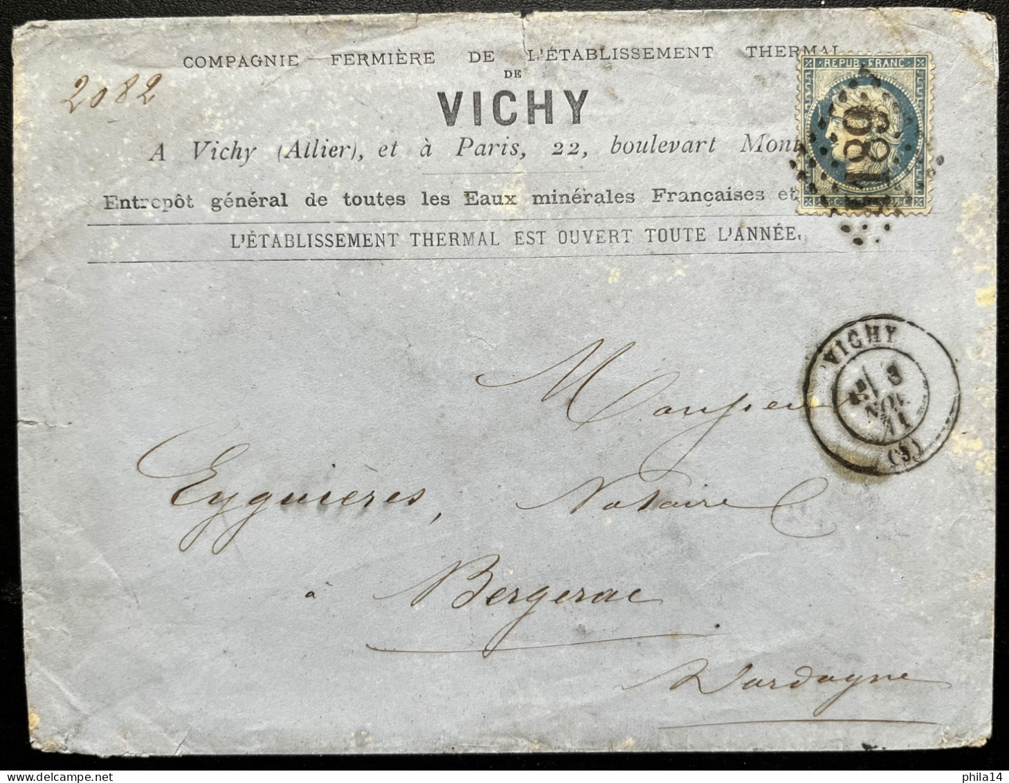 VARIETE TRAIT BLANC DEVANT L'OEIL N°60 25c BLEU CERES SUR LETTRE / VICHY POUR BERGERAC / LAC / 8 NOV 1871 - 1849-1876: Classic Period