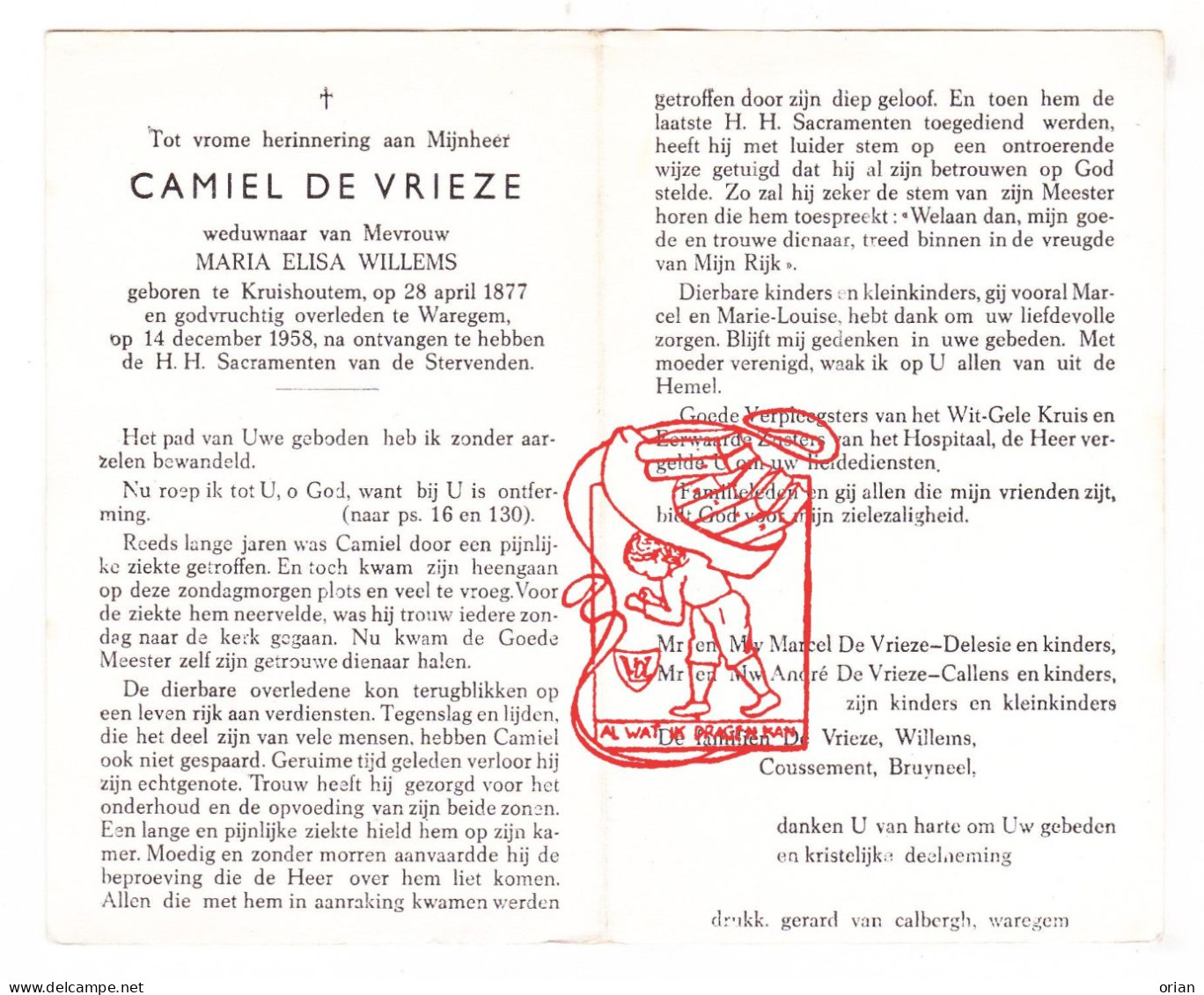 DP Camiel De Vrieze ° Kruishoutem 1877 † Waregem 1958 X Maria Elisa Willems // Delesie Callens Coussement Bruyneel - Santini