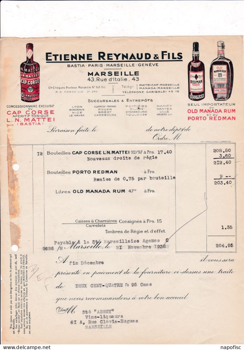 13-E.Reynaud..Quinquina Cap Corse, Porto Red Man , Old Manama Rum.....Marseille...(Bouches-du-Rhône)...1938 - Agricultura