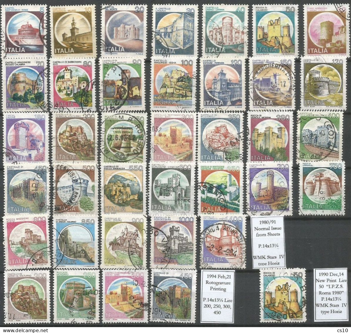 1980/94 Castelli D'Italia Italy Castles Cpl Issue 38v FROM SHEETS Incl. Rotogravure 4v (1994) VFU - Collections