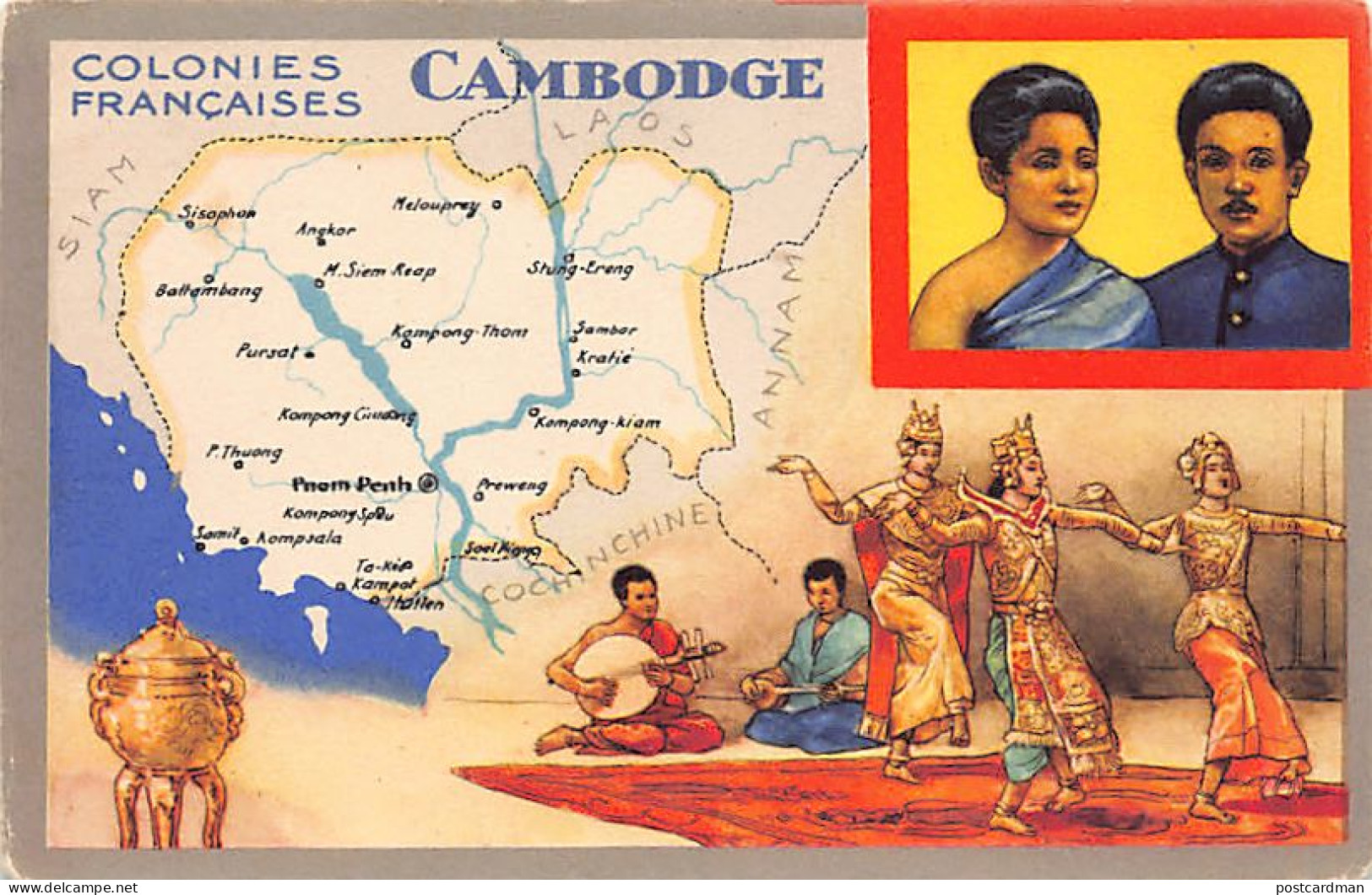 Cambodge - Carte Géographique De La Colonie - Danseuses Et Orchestre Cambodgien - Brûleur D'encens - Couple Cambodgien - - Cambodge