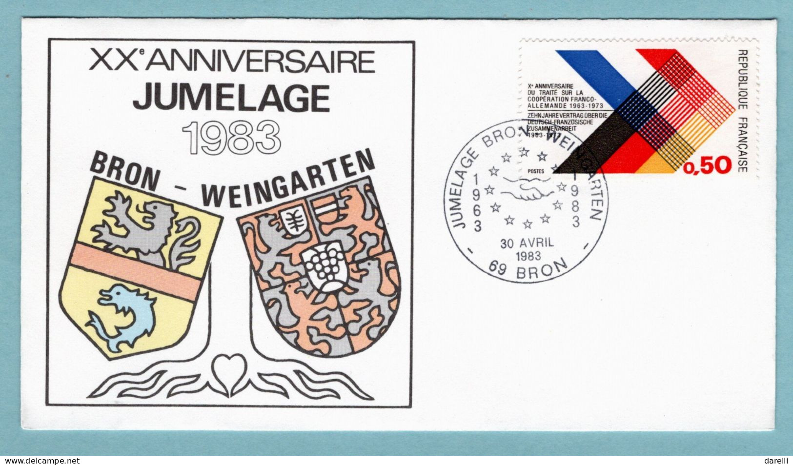 FDC France 1983 - Jumelage Bron Weingarten - Anniversaire Du Traité Sur La Coopération Franco-Allemande - YT 1739  Paris - 1980-1989