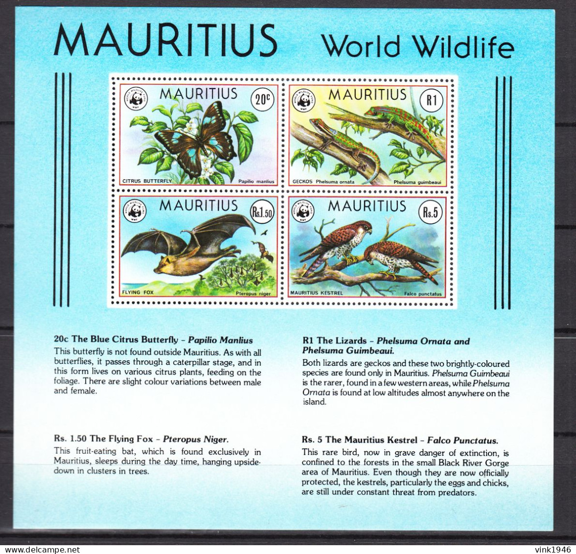 Mauritius 1978,4V In Block,WWF,butterfly,geckos,flying Fox,kestrel,bird Of Prey,MNH/Postfris(L4450) - Nuevos