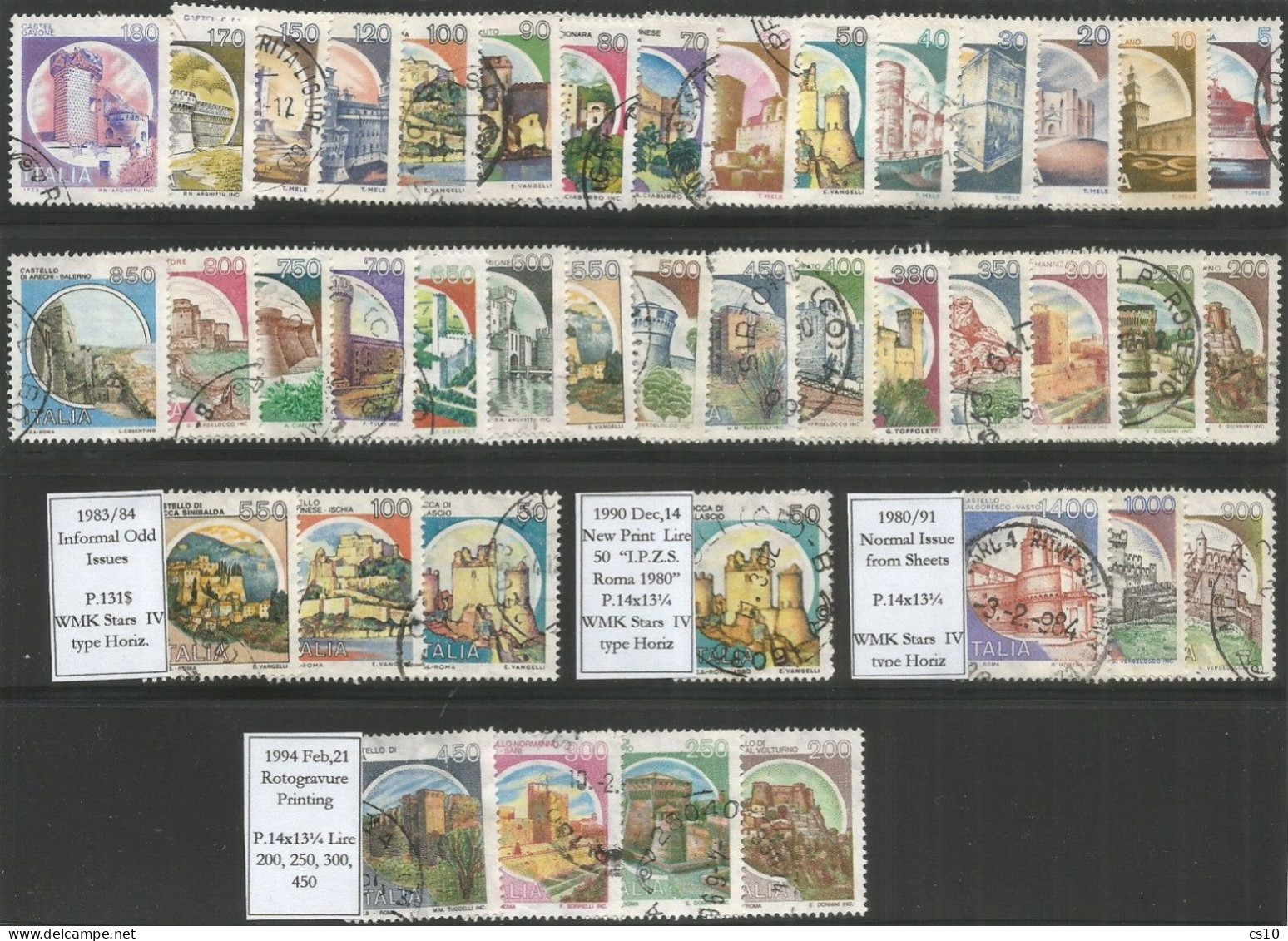 1980/94 Castelli D'Italia Italy Castles Cpl Issue 41v FROM SHEETS Incl. P.13 1/4 (1983/84) And Rotogravure 4v (1994) VFU - 1971-80: Used