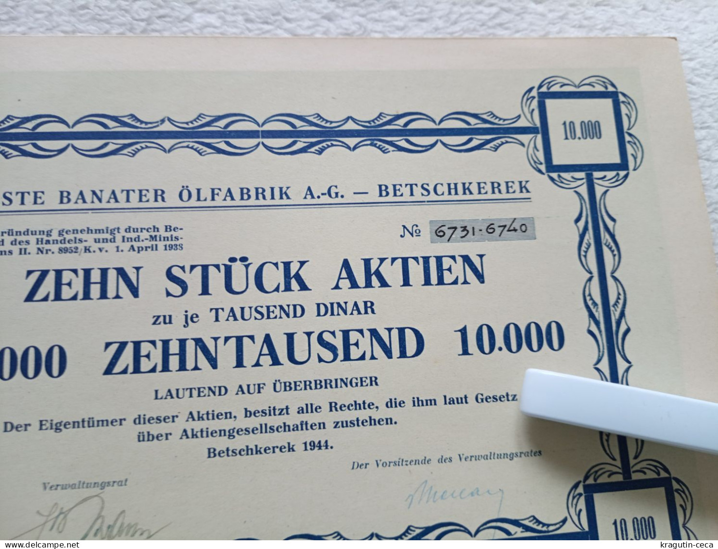 Germany WWII Yugoslavia Serbia Banat 1944 Betscherek Oil factory shares Erste Banater Ölfabrik zehn stuck aktien share