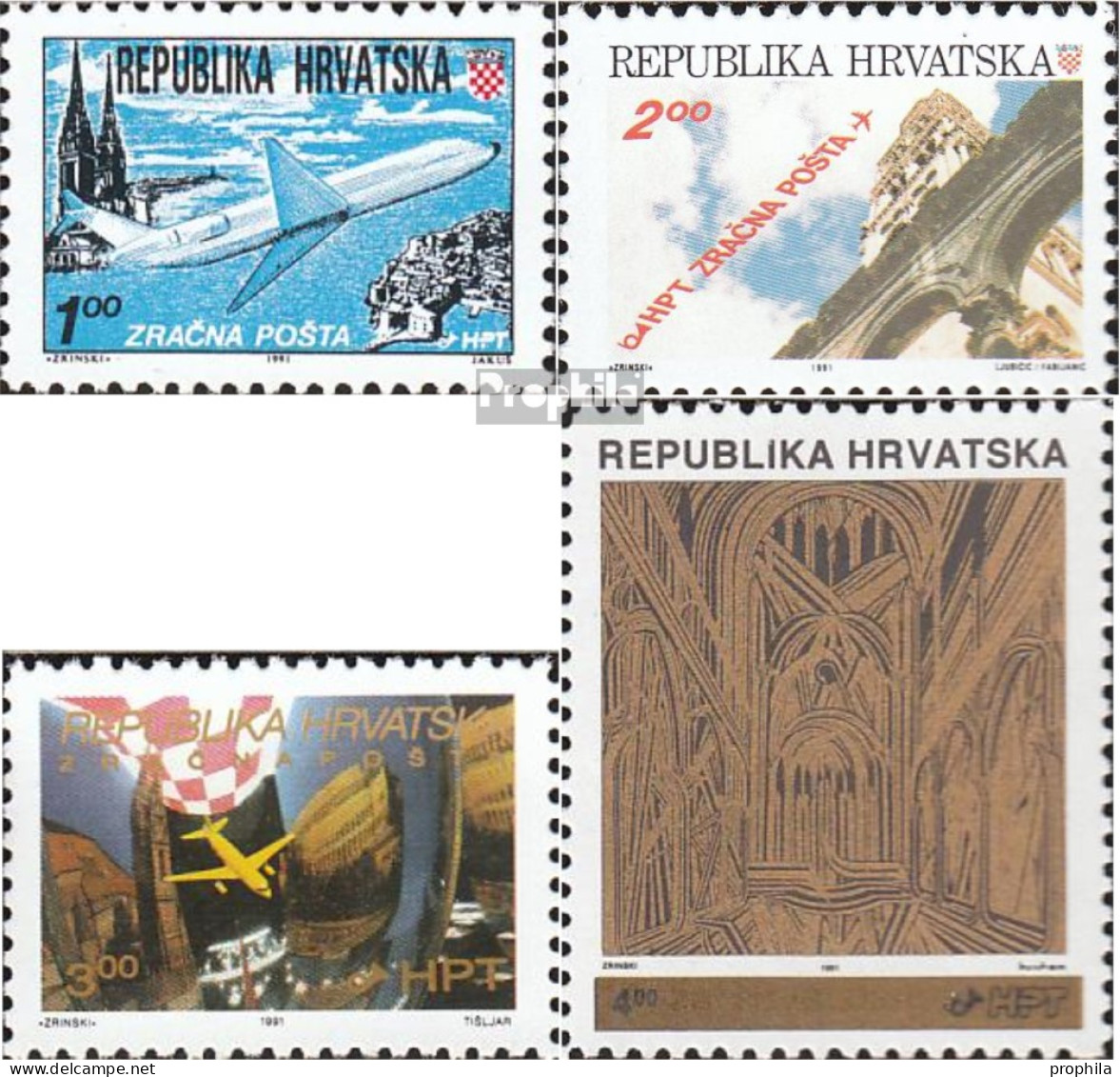 Kroatien 179A,180A A,181,182A (kompl.Ausg.) Postfrisch 1991 Flugpost, Aufdruckausgabe - Kroatië