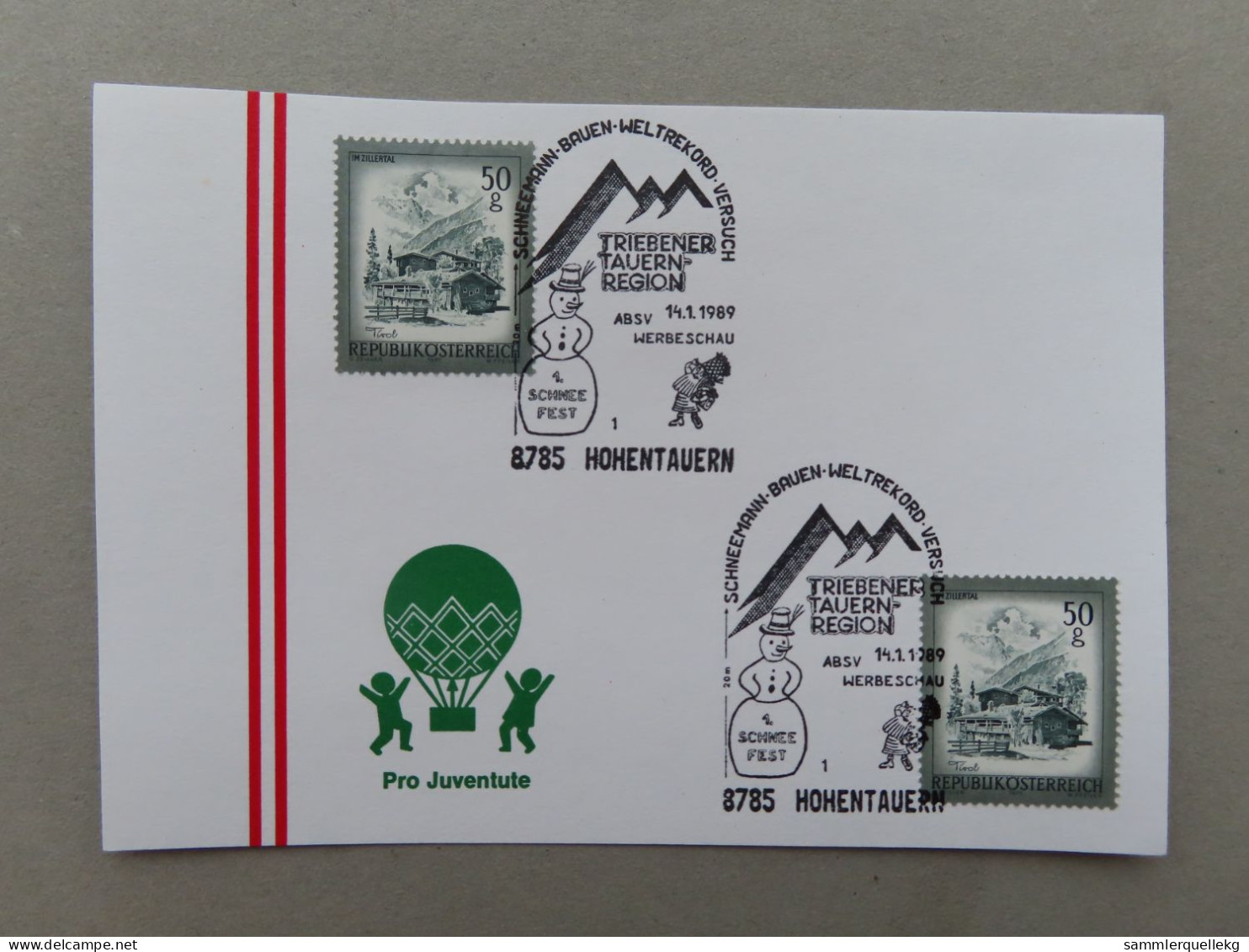 Österreich Pro Juventute - Mit Sonderstempel 14. 1. 1989 Hohentauern, Scheemann Bauen Weltrekord Versuch (Nr.887) - Sonstige & Ohne Zuordnung