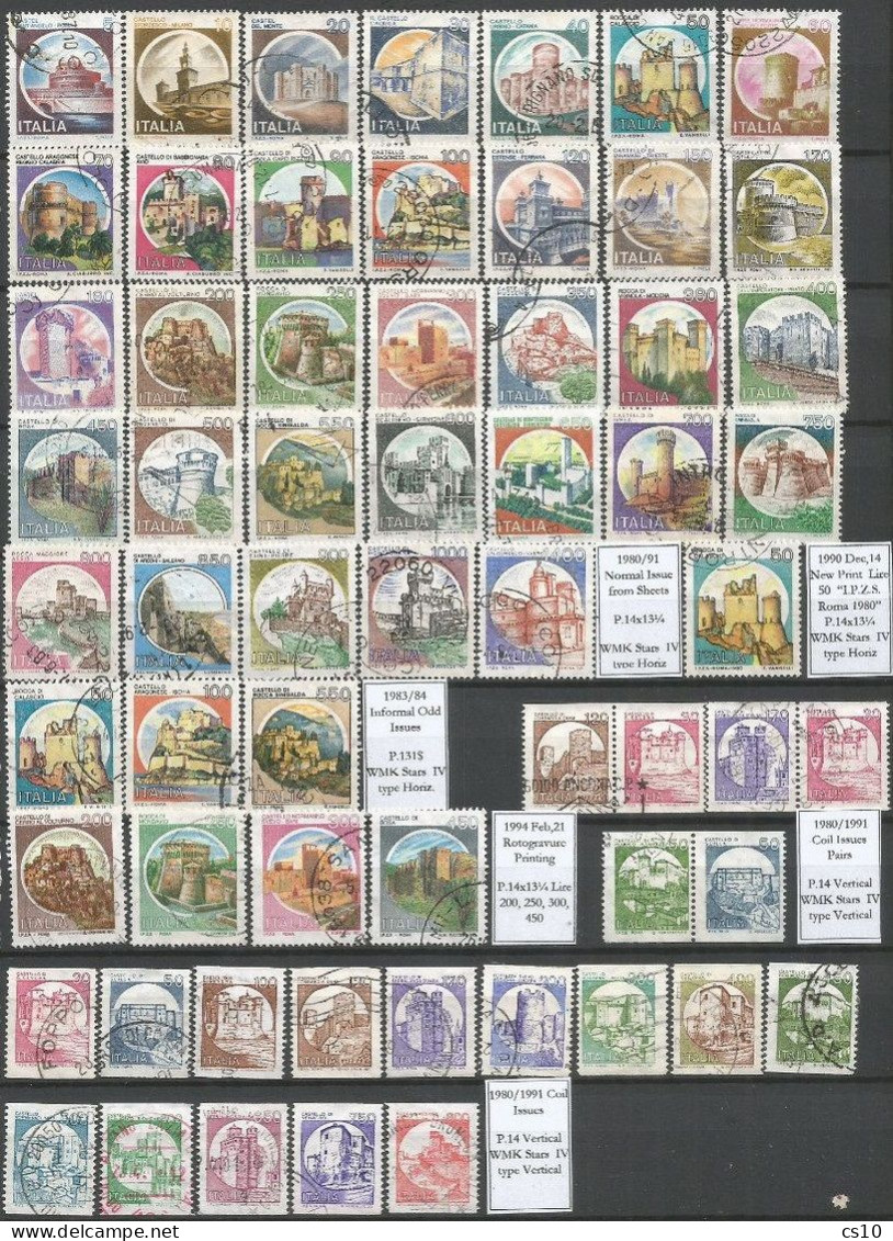 1980/94 Castelli D'Italia Italy Castles Cpl Issue 61v From Sheets & Coils W/ Reprints Pairs & Odds Issues VFU Condition - 1971-80: Usati