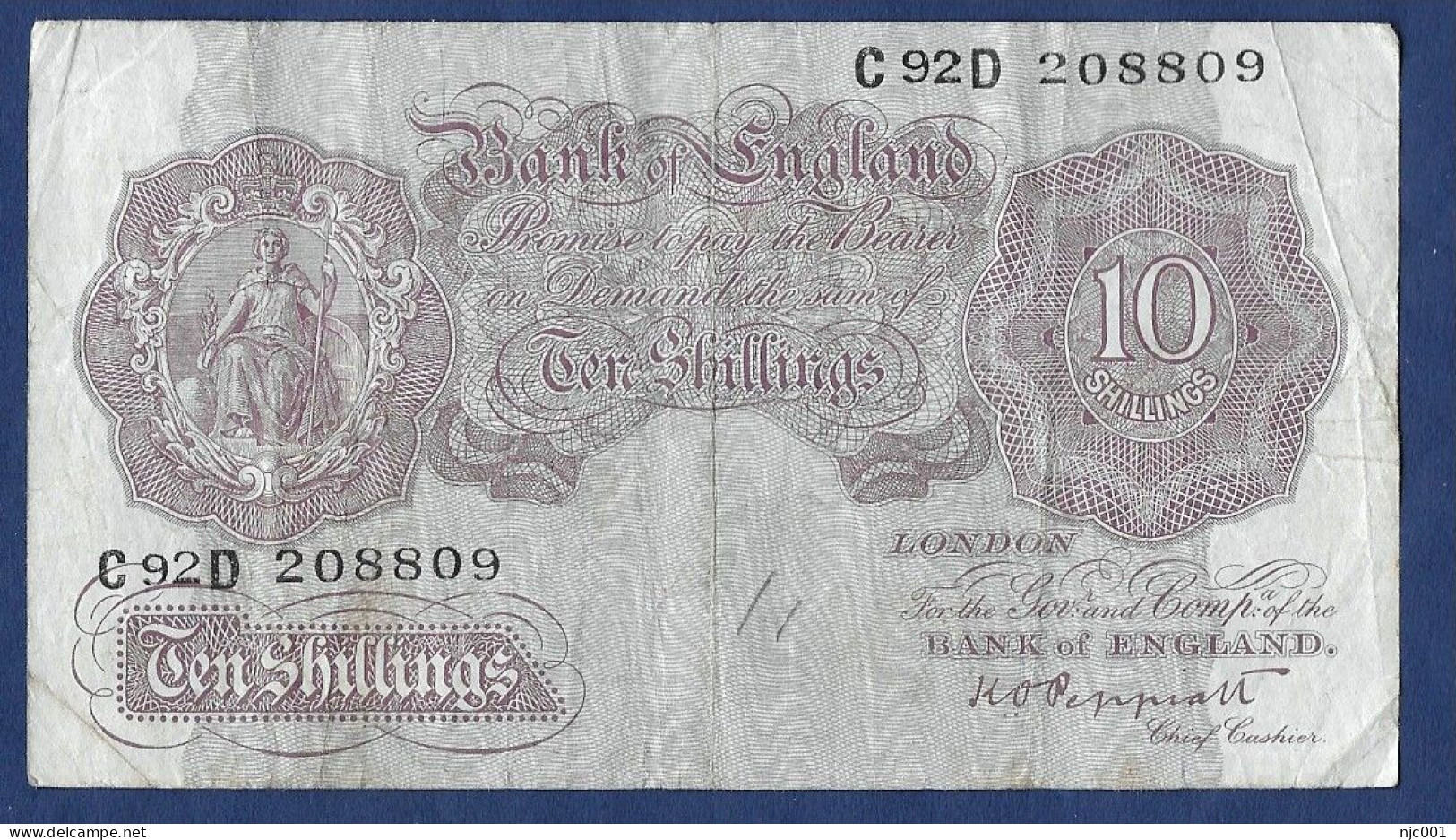 Peppiatt Mauve Wartime 10 Shilligs Banknote C92D - 10 Schilling