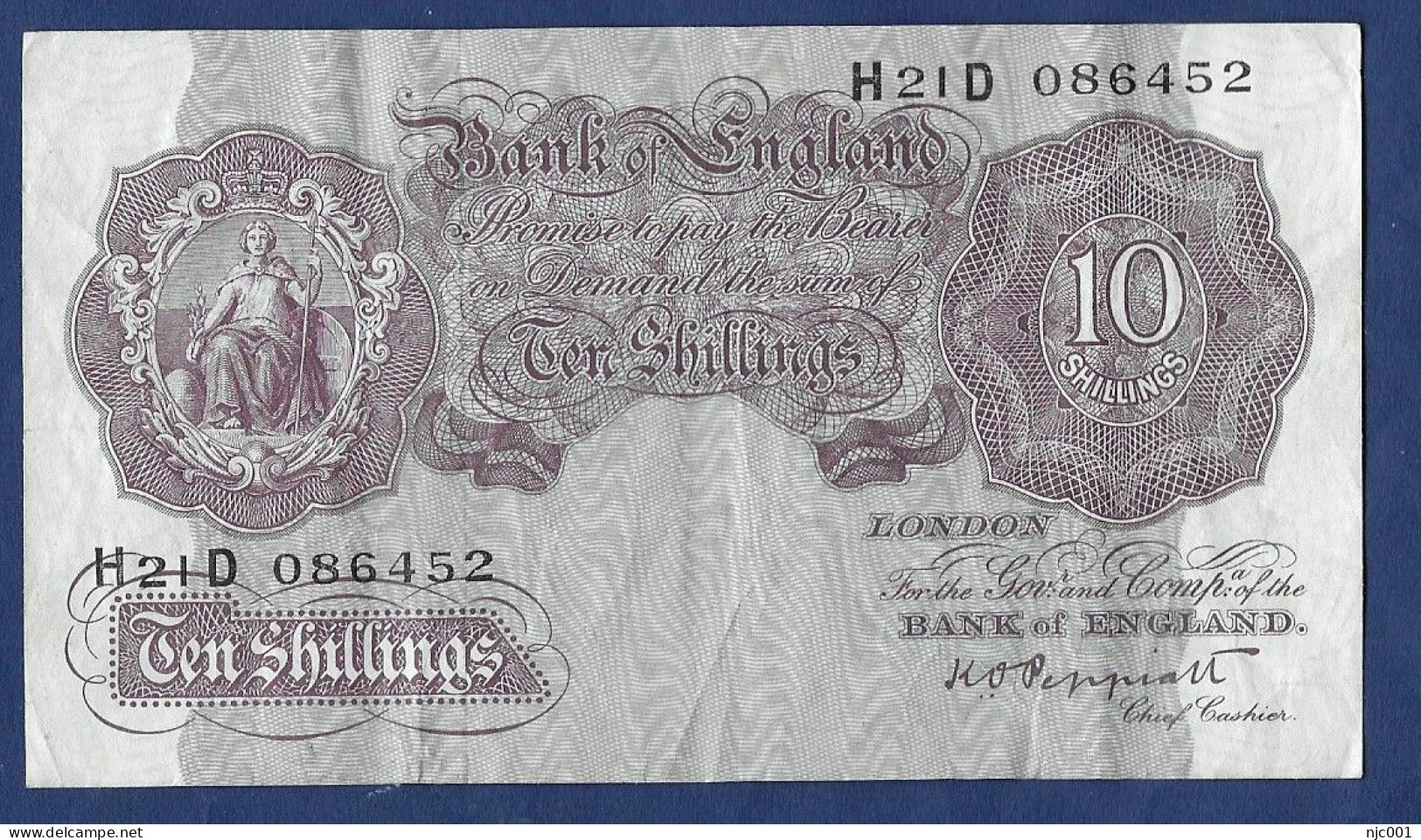 Peppiatt Mauve Wartime 10 Shillings Banknote H21D - 10 Schilling