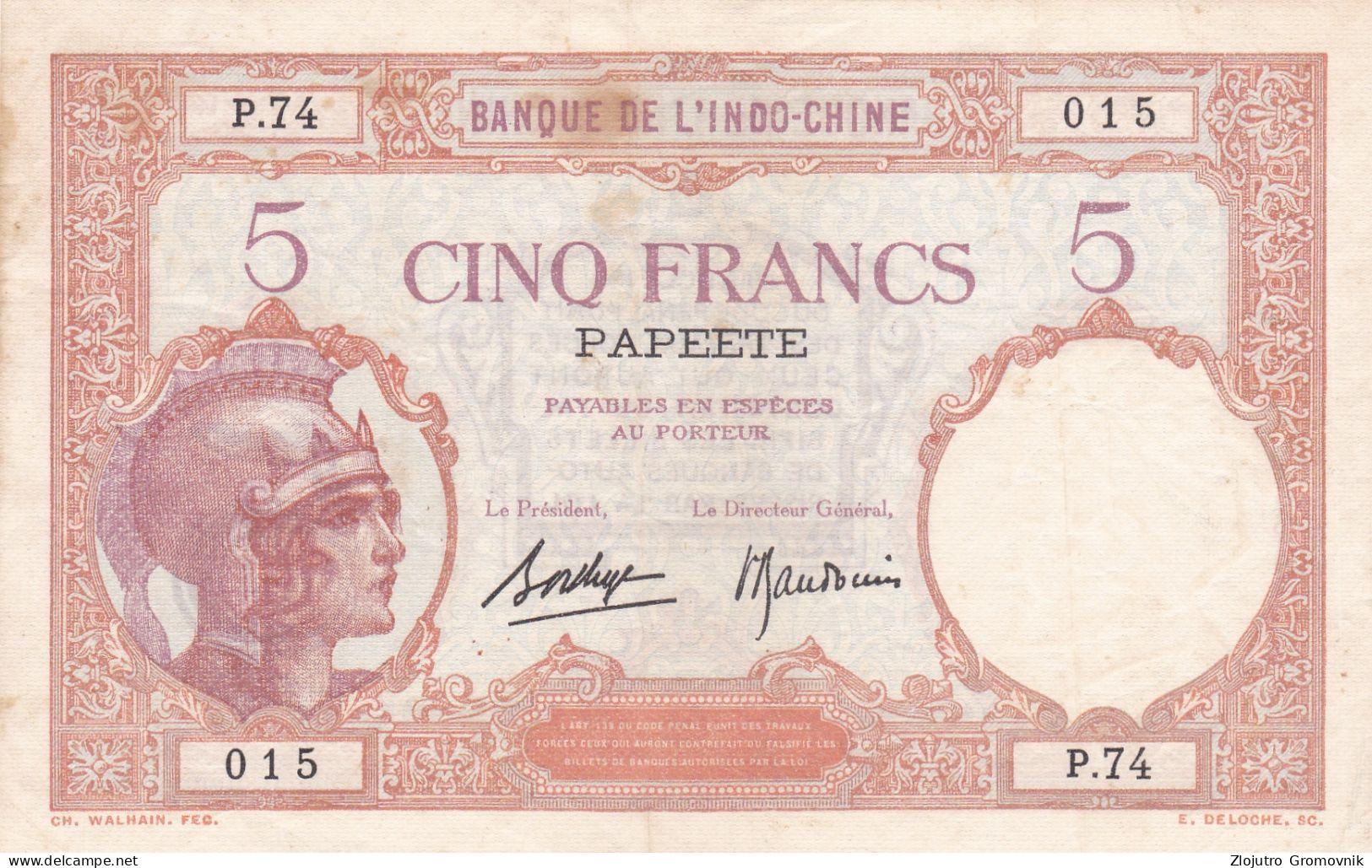 5 Francs 1927 ! PAPEETE TAHITI FRENCH INDOCHINA BANK ! - Papeete (Polinesia Francesa 1914-1985)