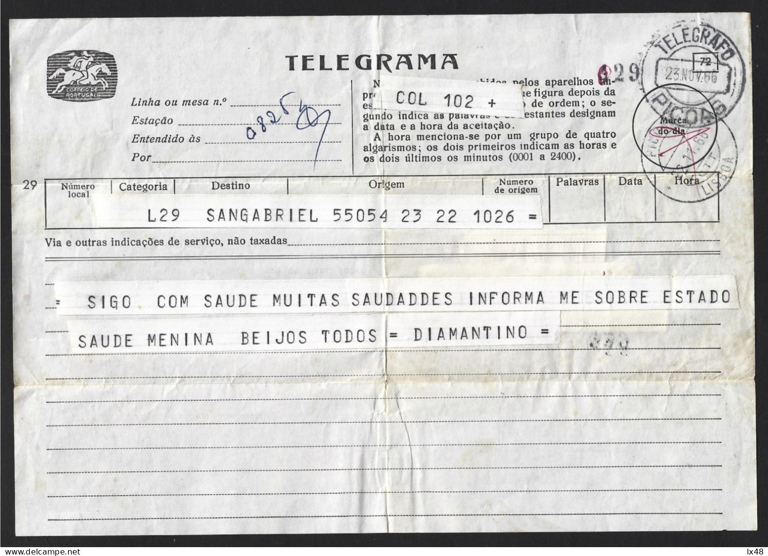 Telegram With Obliteration 'Telegrafo Picoas' Lisbon In 1966. Telegrama Com Obliteração 'Telegrafo Picoas' Lisboa Em 196 - Cartas & Documentos
