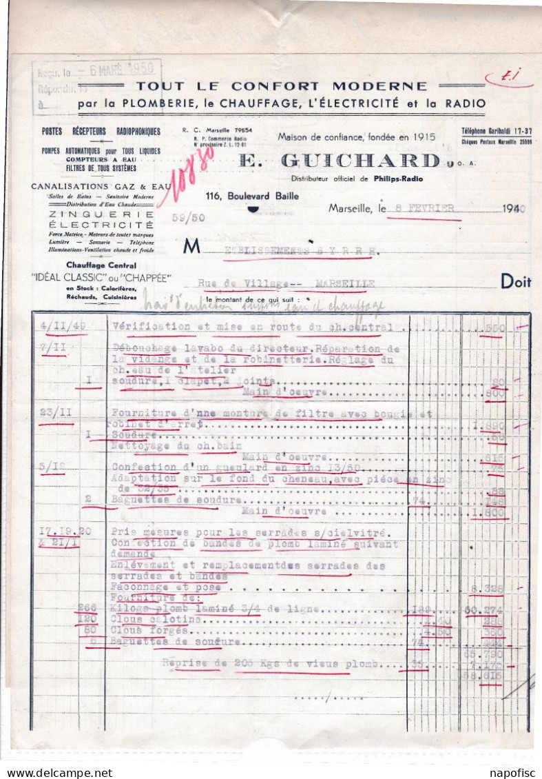 13-E.Guichard...Plomberie, Chauffage, Electricité & Radio...Marseille...(Bouches-du-Rhône)...1940 - Straßenhandel Und Kleingewerbe