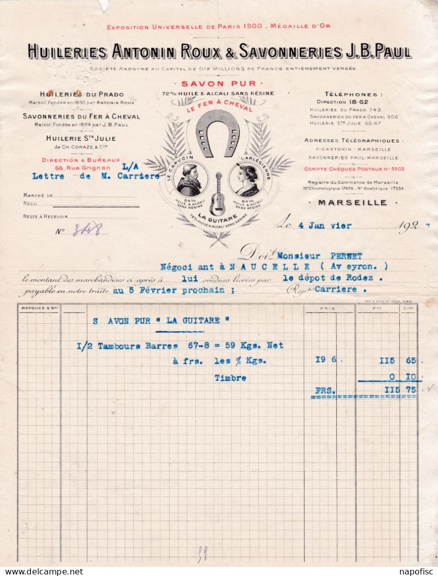 13-Huileries A.Roux  & Savonneries J.B.Paul..Marseille...(Bouches-du-Rhône)...1922 - Droguerie & Parfumerie