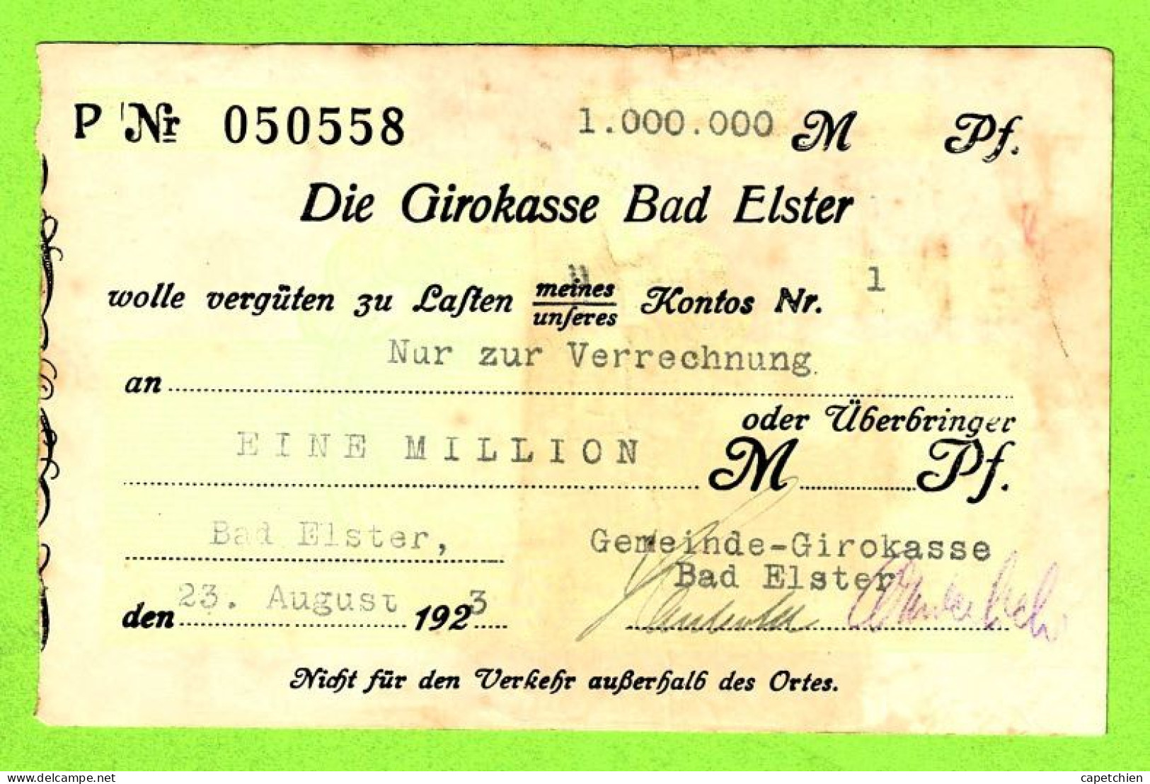 ALLEMAGNE / BAD ELSTER / DIE GIROKASSE BAD ELSTER / EINE MILLION / N° 050558/ 23 AOÛT 1923 - Lokale Ausgaben