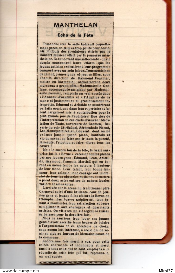 MANTHELAN 37 MANUSCRIT DE LA REVUE JOUEE SALLE INDRAULT EN SEPTEMBRE 1923 + COUPURE DE PRESSE RELATANT LA SOIREE - Manuscrits