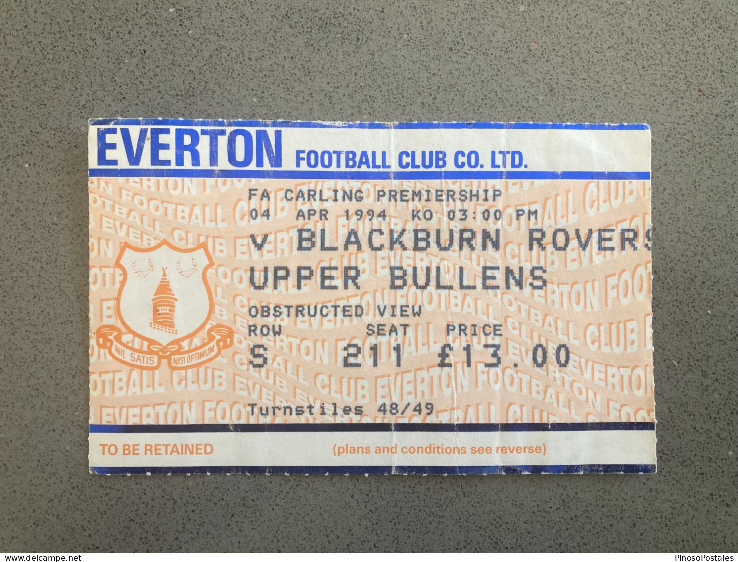 Everton V Blackburn Rovers 1993-94 Match Ticket - Tickets D'entrée