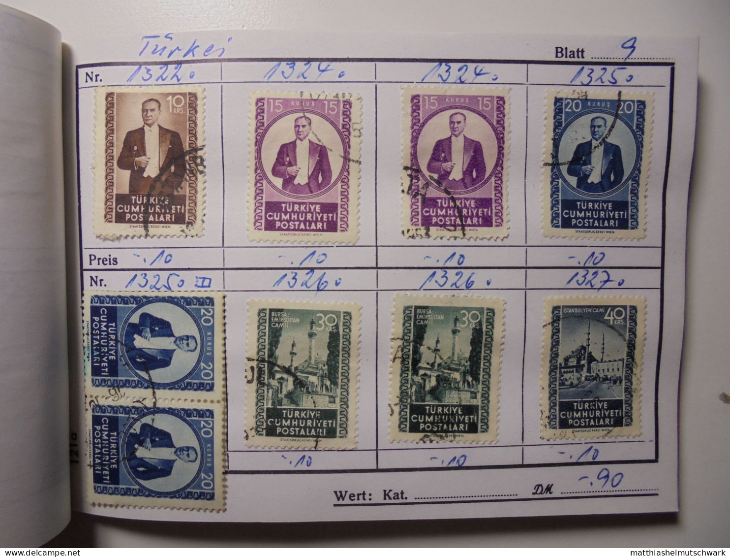 Auswahlheft Nr. 519 25 Blätter 192 Briefmarken xx Türkei 1931-ca. 1962/Mi Nr. 956 stark versetztes Druck