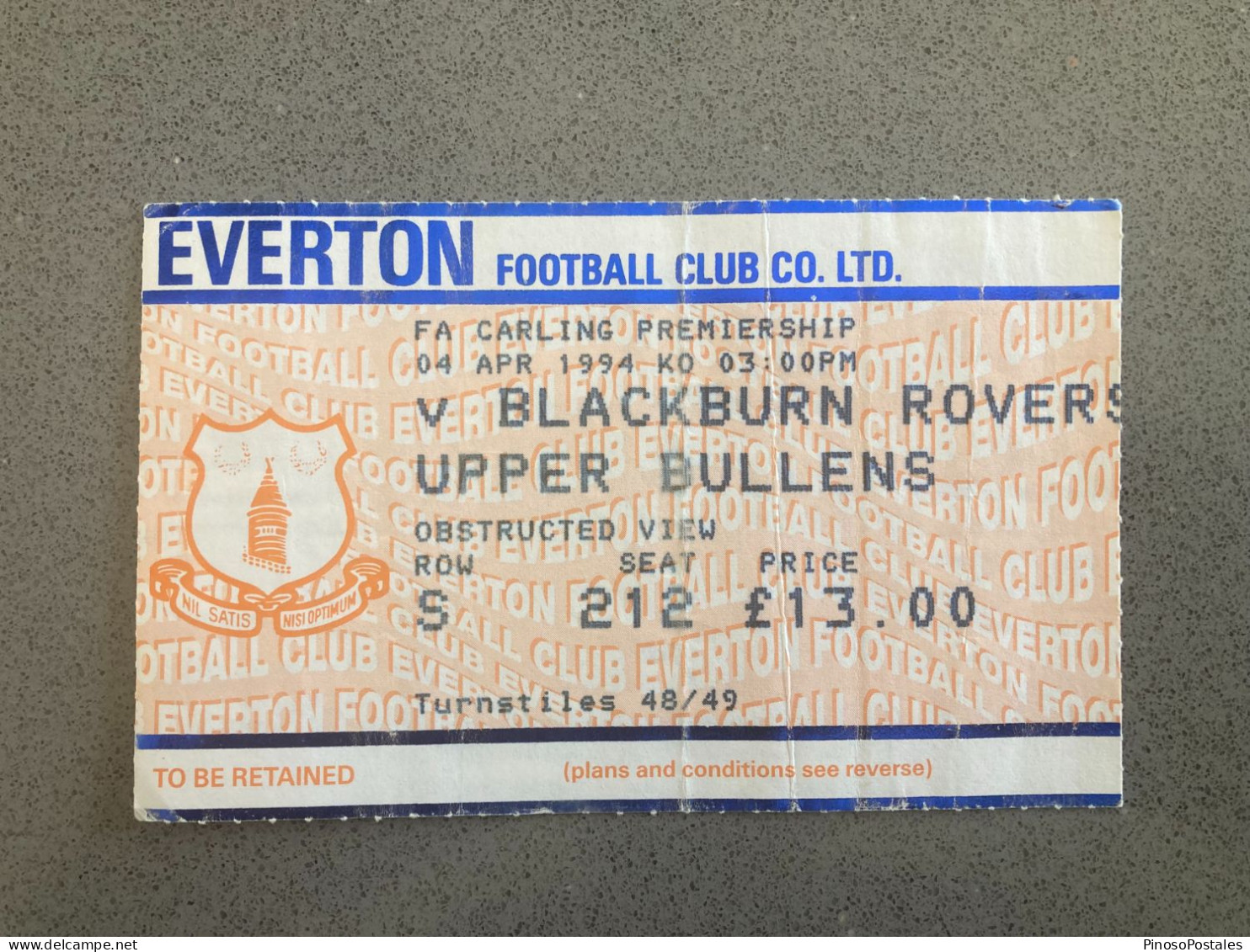 Everton V Blackburn Rovers 1993-94 Match Ticket - Tickets D'entrée