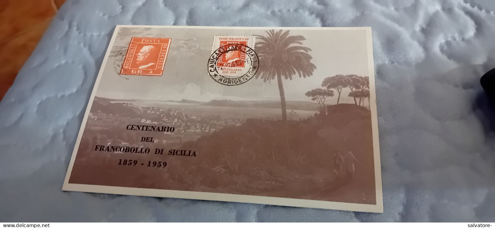 CARTOLINA CENTENARIO DEL FRANCOBOLLO DI SICILIA 1959 - Briefmarken (Abbildungen)