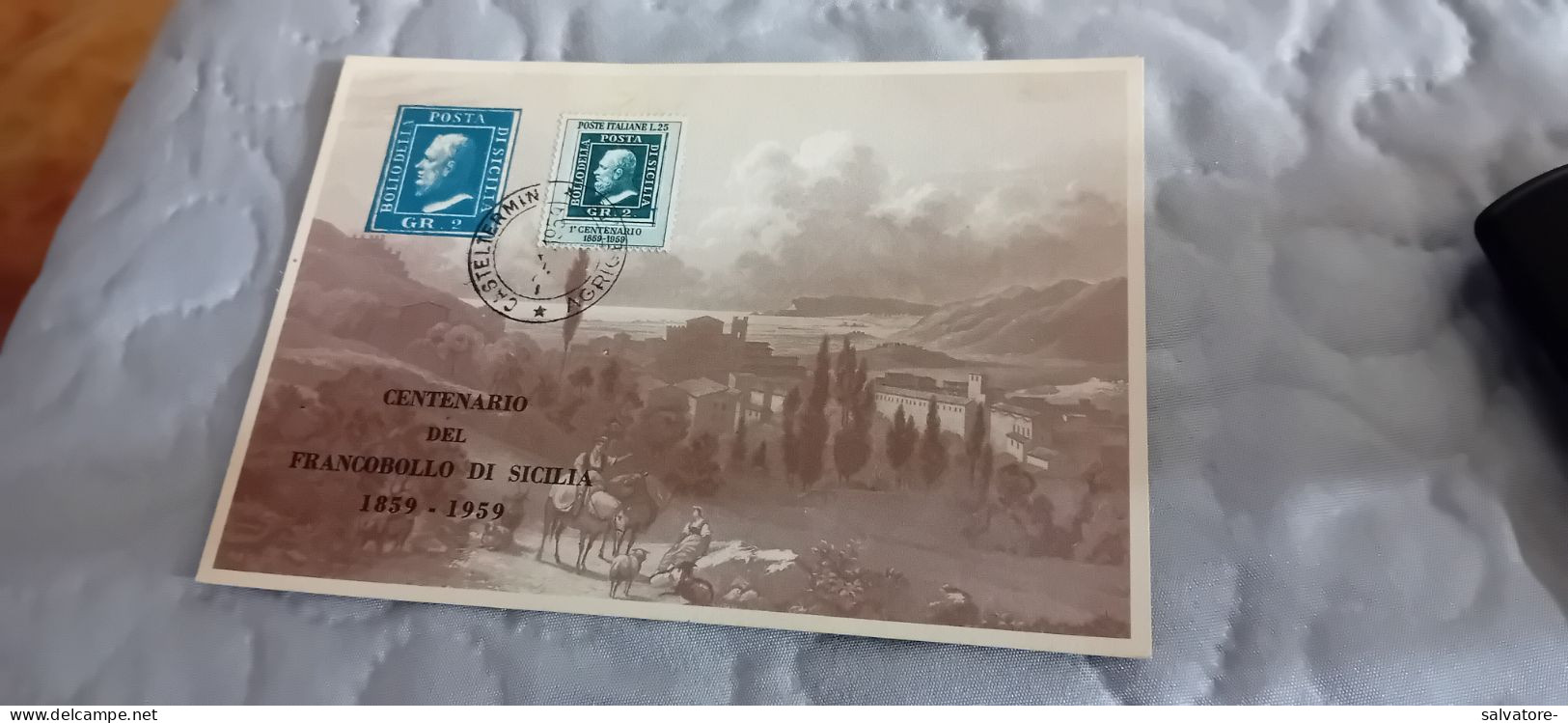 CARTOLINA CENTENARIO DEL FRANCOBOLLO DI SICILIA 1959 - Timbres (représentations)