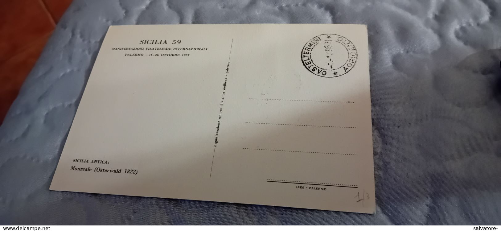 CARTOLINA CENTENARIO DEL FRANCOBOLLO DI SICILIA 1959 - Briefmarken (Abbildungen)