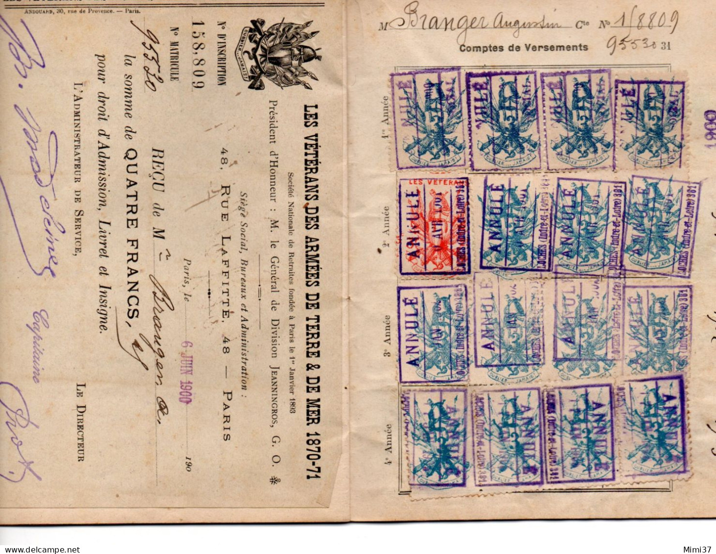 LIVRET VETERANTS DES ARMEES DE TERRE § MER 1870 1871 D'UN SOLDAT DE MANTHELAN 37 ACCOMPAGNE DE SA CARTE DE MEMBRE - Manuscritos