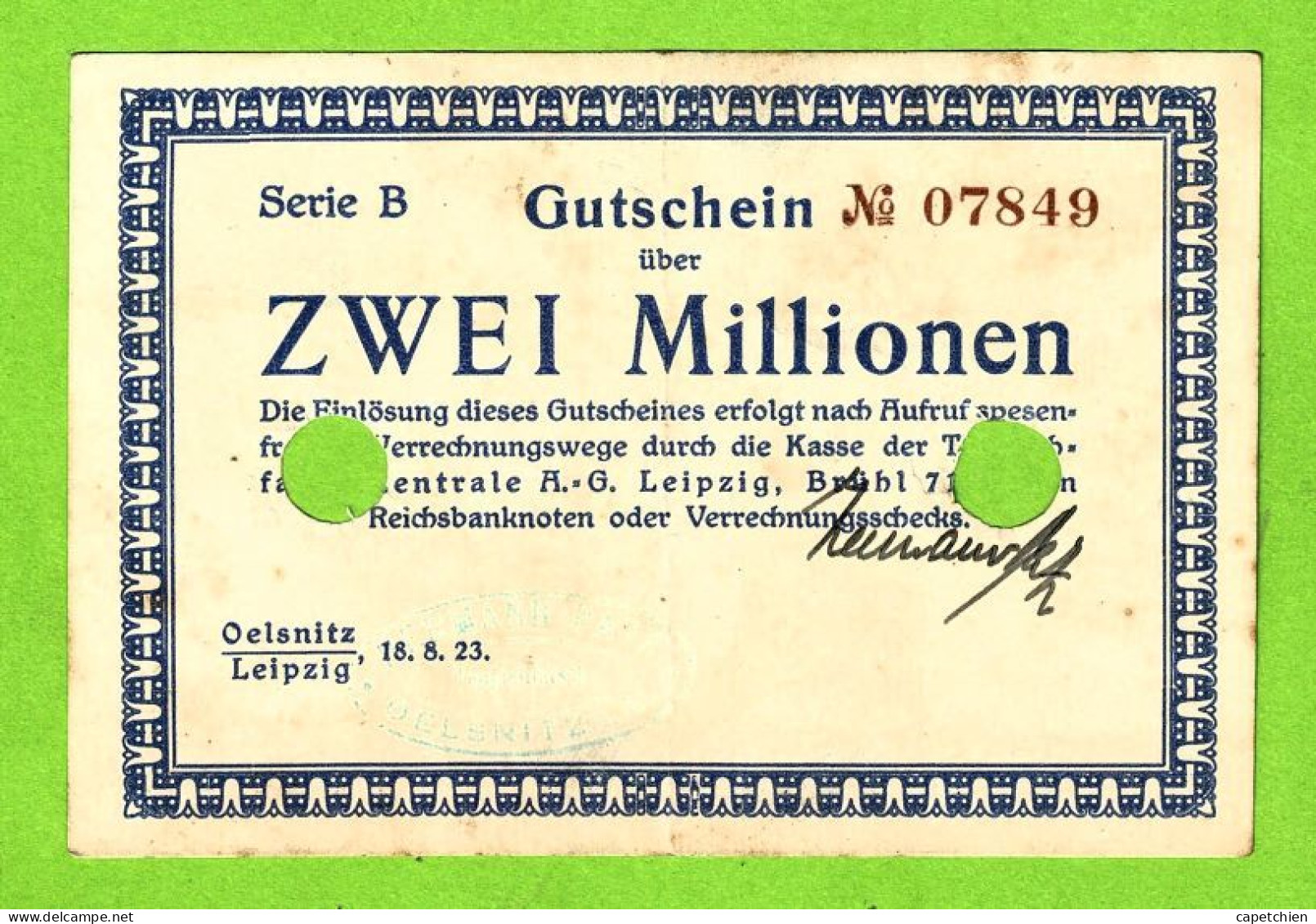 ALLEMAGNE / LEIPZIG / ZWEI MILLIONEN/  N° 07849 / 18 AOÛT 1923 / SERIE B - [11] Emisiones Locales