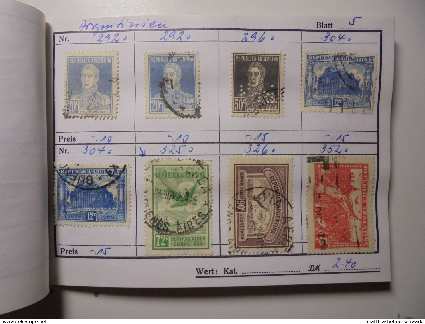 Auswahlheft Nr. 566 20 Blätter 163 Briefmarken , x Argentinien 1890-1959/Mi Nr. 75 a-631, unvollständig