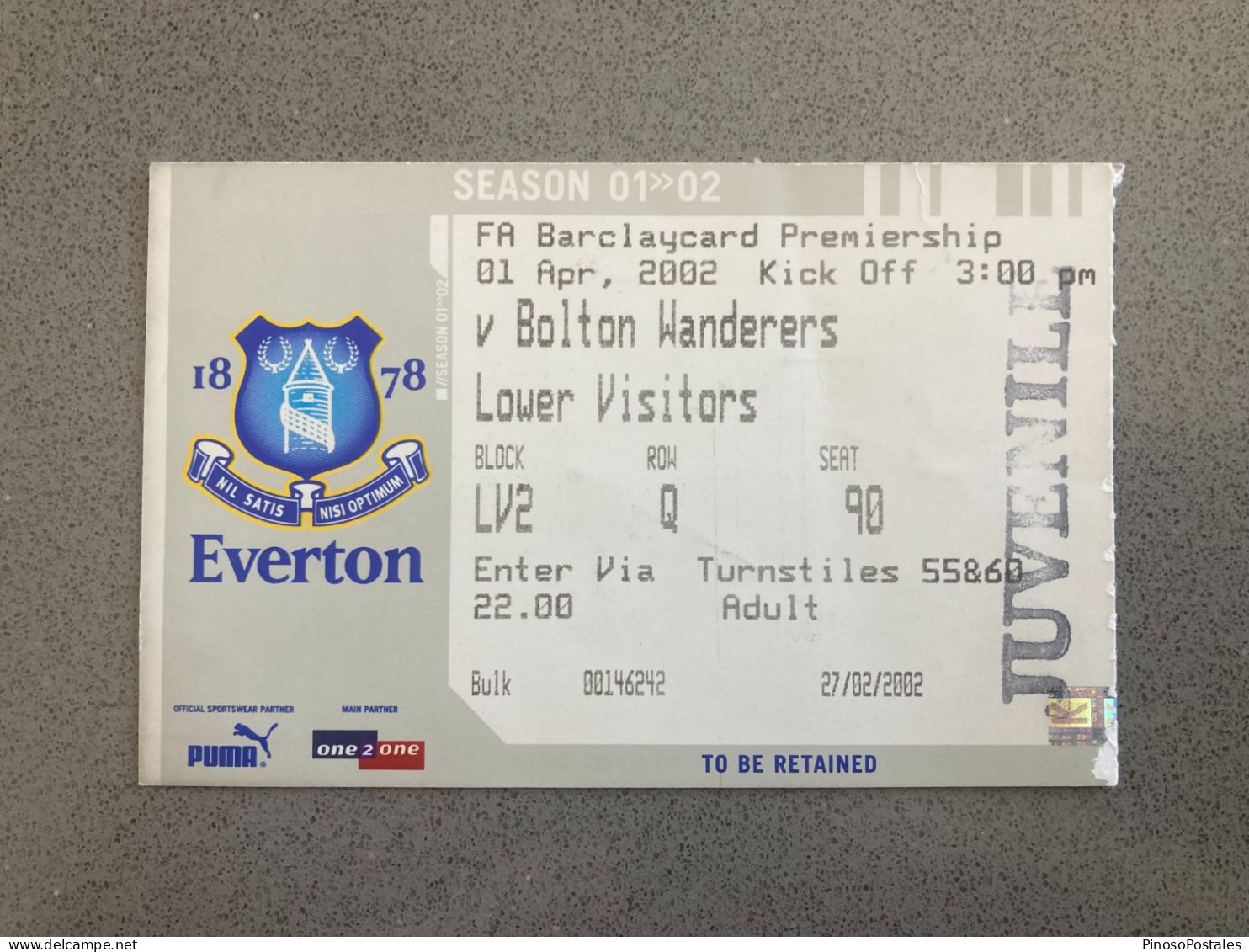 Everton V Bolton Wanderers 2001-02 Match Ticket - Tickets & Toegangskaarten