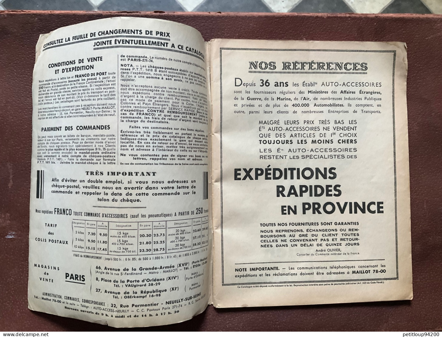 DOCUMENT COMMERCIAL Catalogue  AUTO-ACCESSOIRES  Paris  ANNÉE 1939 - Alimentos