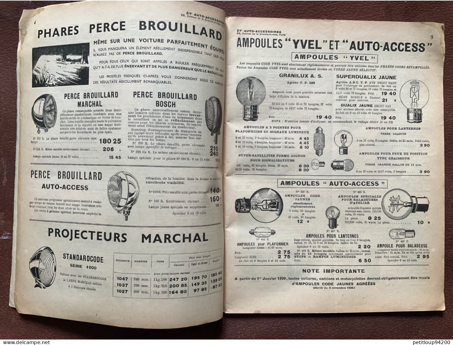 DOCUMENT COMMERCIAL Catalogue  AUTO-ACCESSOIRES  Paris  ANNÉE 1939 - Alimentare