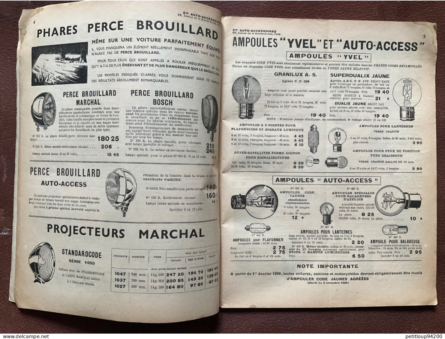 DOCUMENT COMMERCIAL Catalogue  AUTO-ACCESSOIRES  Paris  ANNÉE 1939 - Alimentos