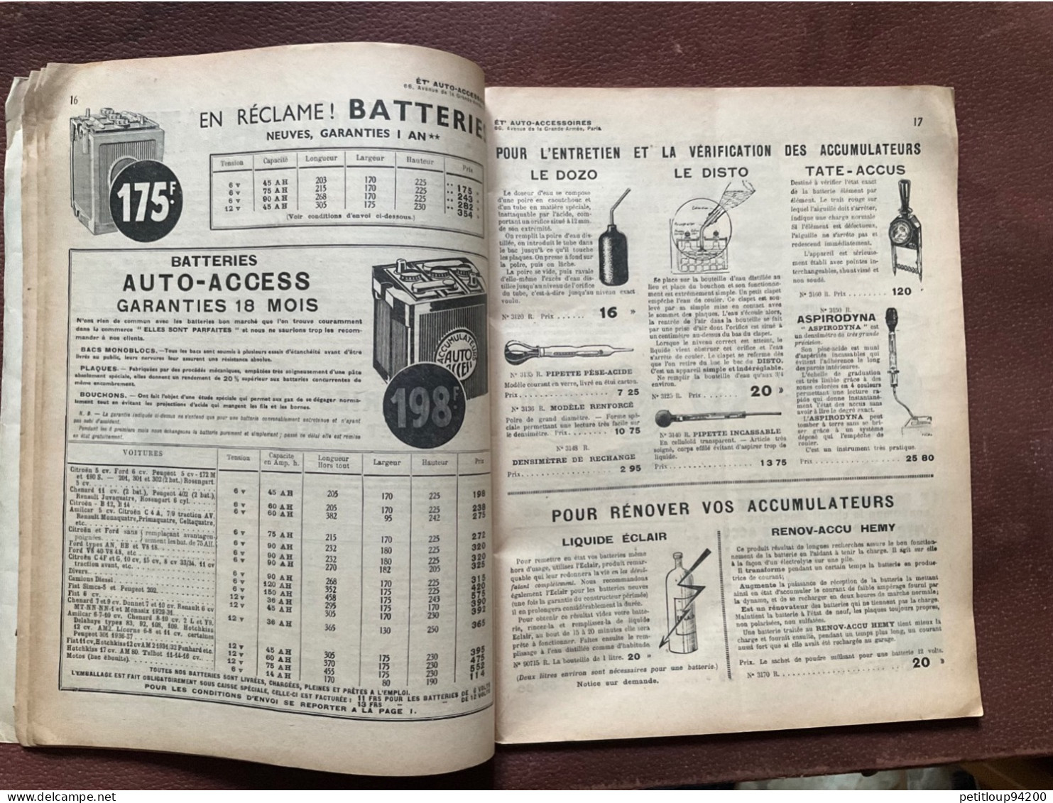 DOCUMENT COMMERCIAL Catalogue  AUTO-ACCESSOIRES  Paris  ANNÉE 1939