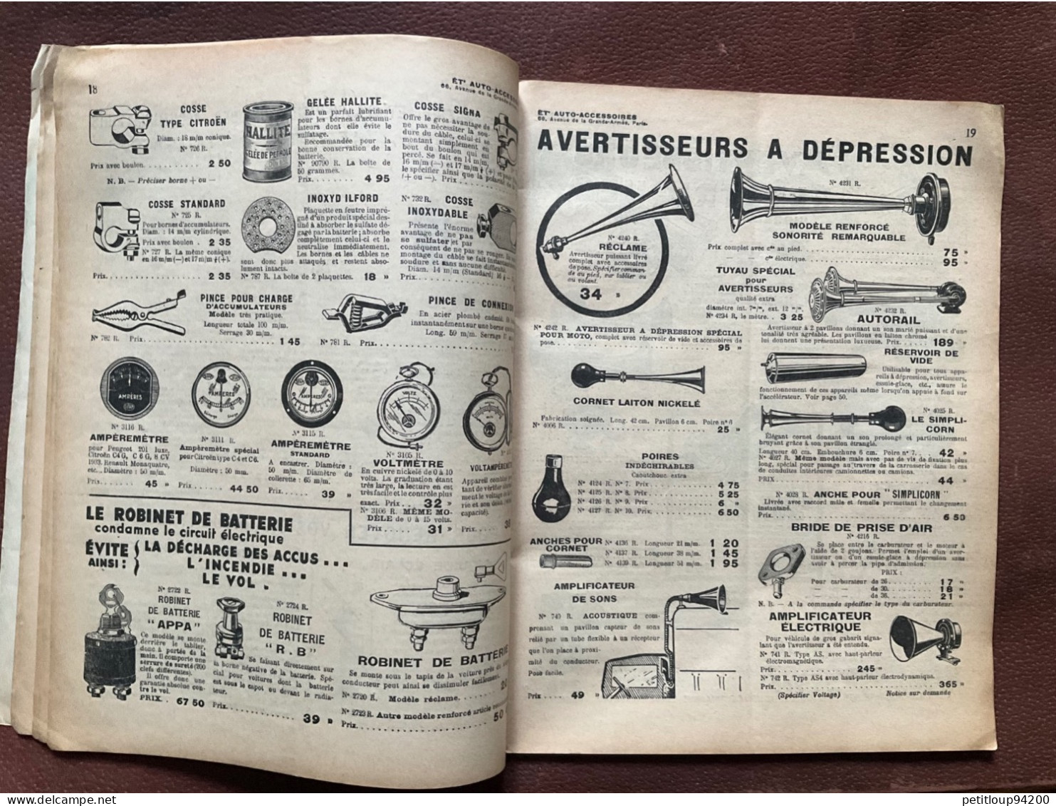 DOCUMENT COMMERCIAL Catalogue  AUTO-ACCESSOIRES  Paris  ANNÉE 1939