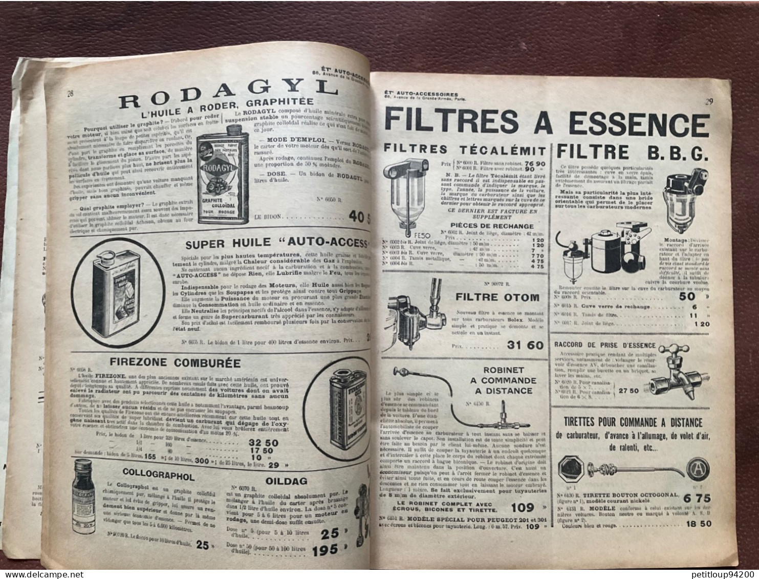 DOCUMENT COMMERCIAL Catalogue  AUTO-ACCESSOIRES  Paris  ANNÉE 1939