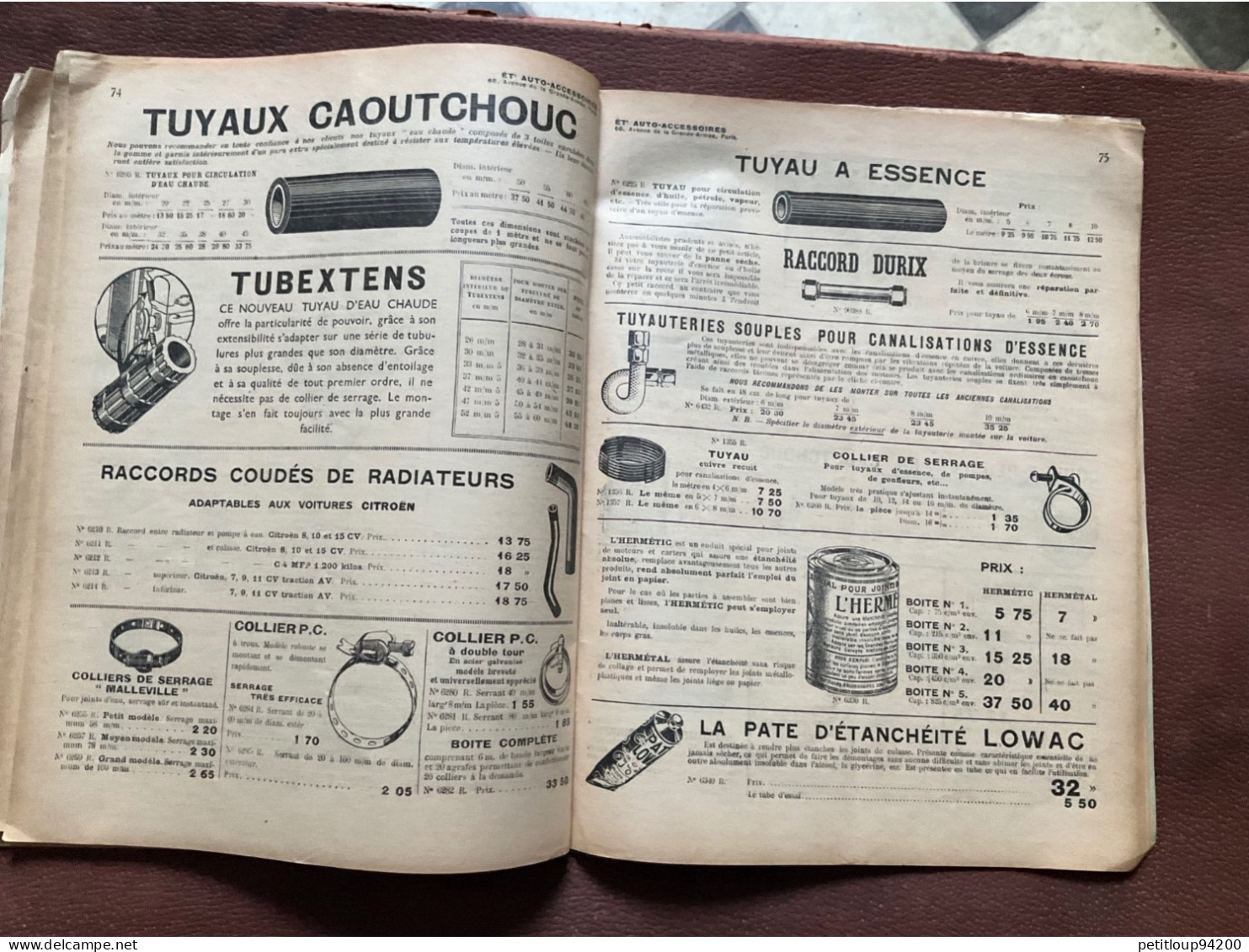 DOCUMENT COMMERCIAL Catalogue  AUTO-ACCESSOIRES  Paris  ANNÉE 1939