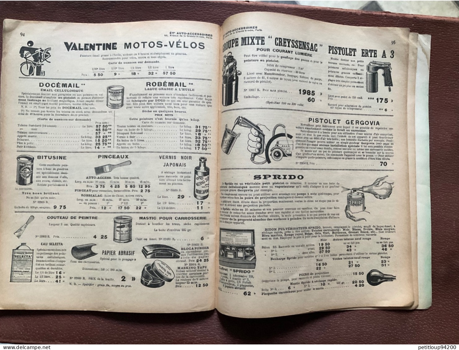 DOCUMENT COMMERCIAL Catalogue  AUTO-ACCESSOIRES  Paris  ANNÉE 1939